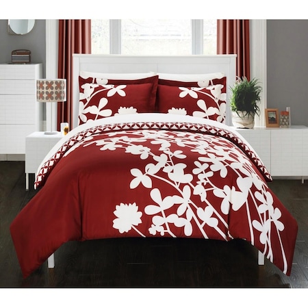 Chic Home DS3763-US Sweetpea Reversible Scale Floral Design Printed With Diamond Pattern Reverse Duvet Cover Set - Red - Queen & Large - 3 Piece